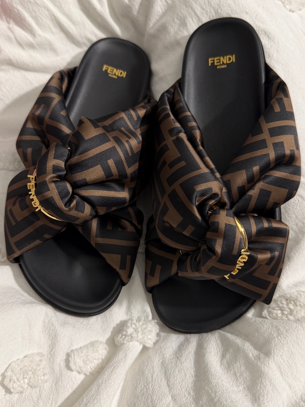 Fendi Black & Brown FF Knot Logo Slide Sandals
